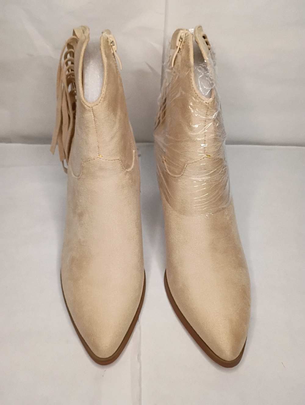 Fringe Ankle Boots for Women - Beige Suede Look